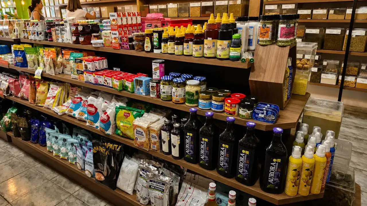 Gôndolas internas com produtos variados na Vida Leve